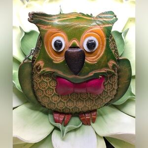 Genuine Leather OWL Coin Purse Change Wallet Green/Tan/Purple Super Cute